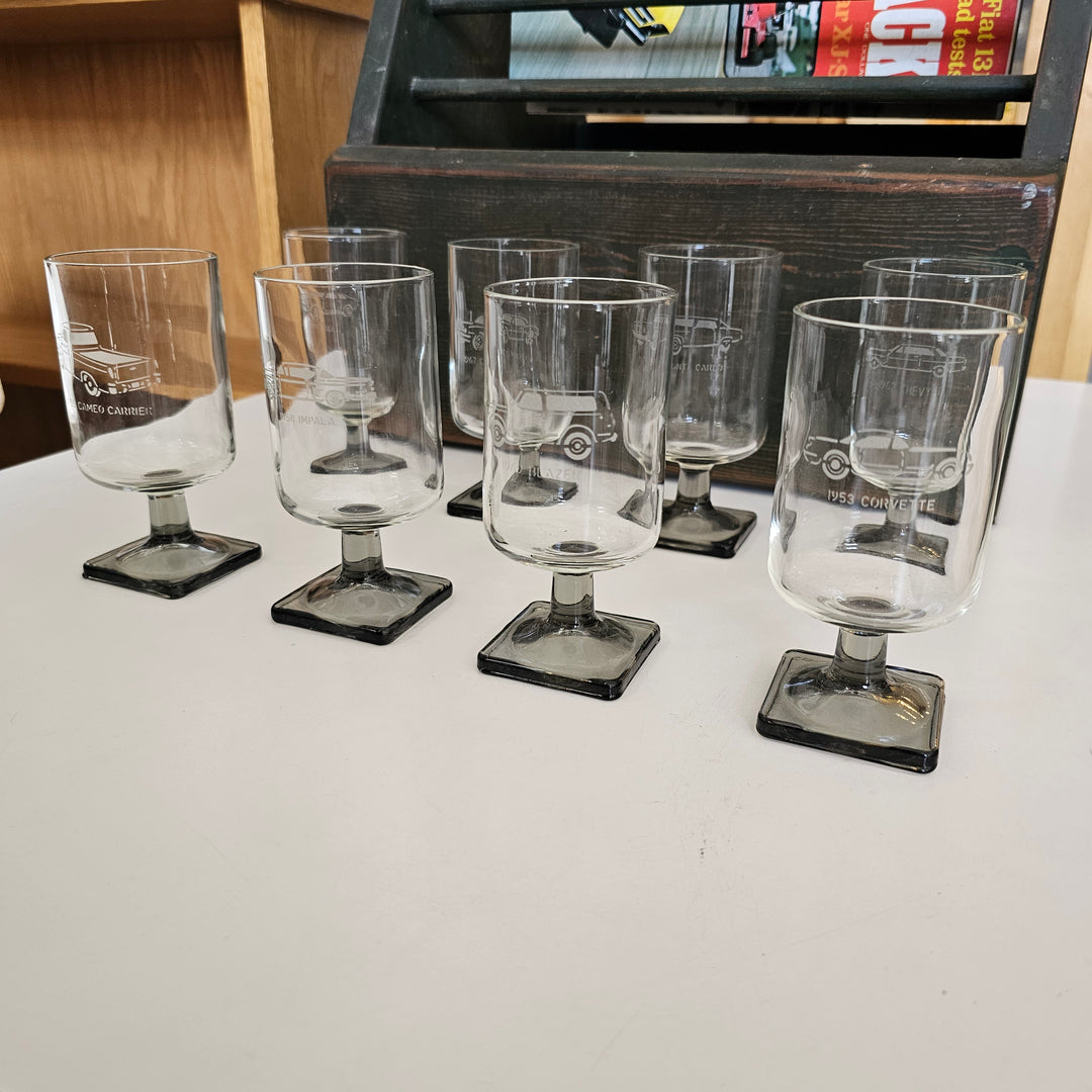 (8) Smoked Glass Vtg Chevy Car Motif Glasses