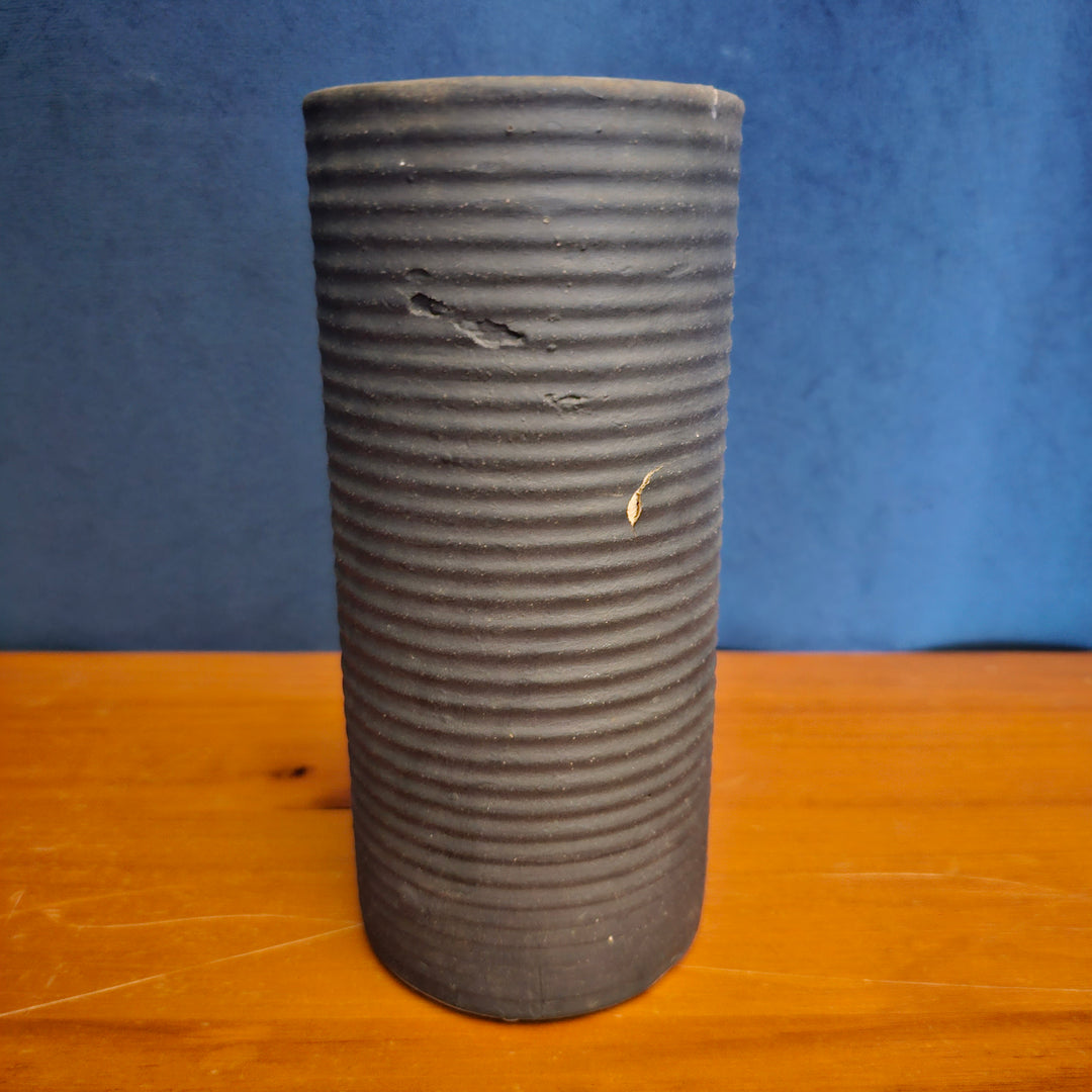 Black Ribbed Cylindrical Vase As-Is