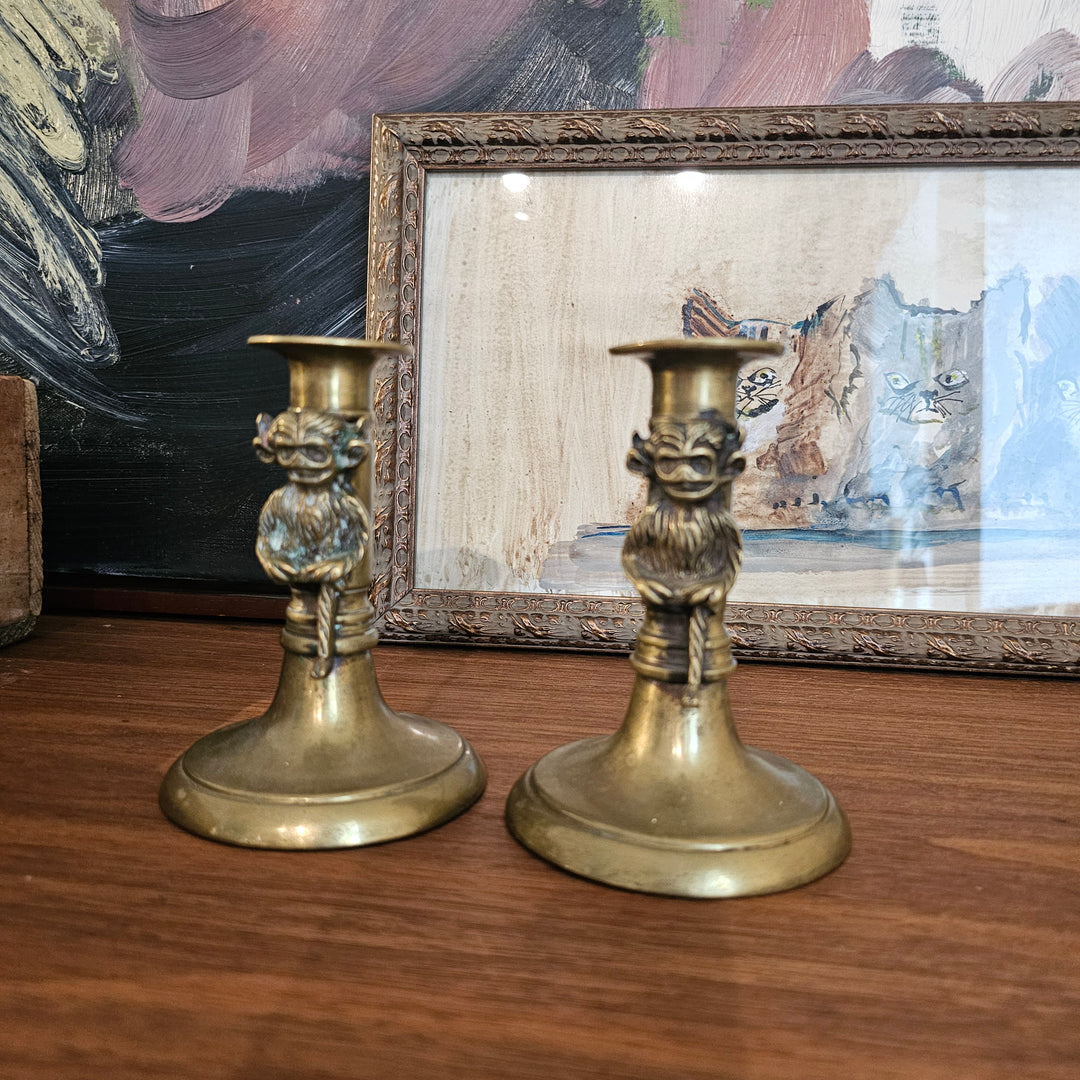 Pair Lincoln Imp Devil Brass Candlesticks