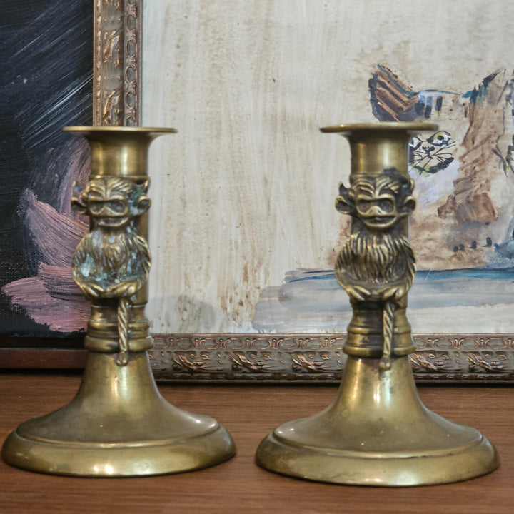 Pair Lincoln Imp Devil Brass Candlesticks