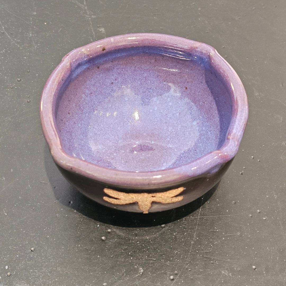 Art Pottery Purple Glazed Dragonfly Bowl - Signed "J Anderson"