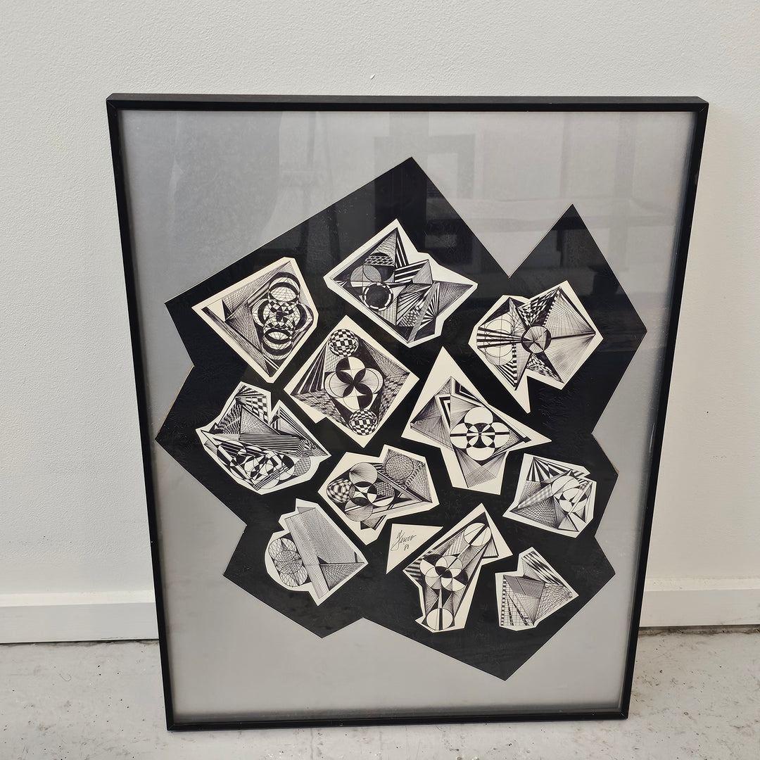 Signed Geometric Pen Drawing Artwork