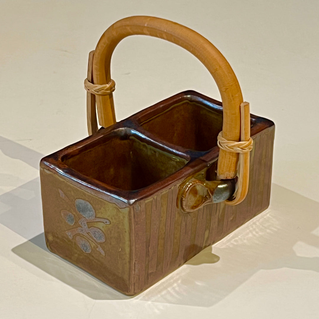 Japanese Ceramic Condiment Caddy w/Bamboo Handle