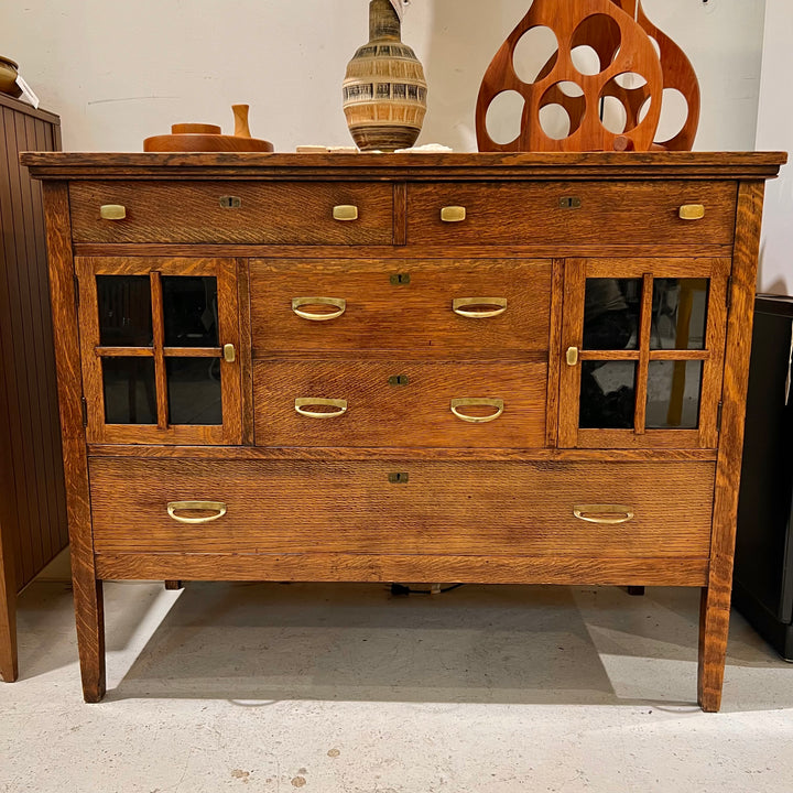 1920s Solid Oak Buffet w/Brass Hardware