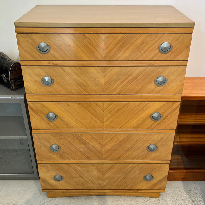 1950s United Furniture Corp. Blond 5-Drawer Tallboy Dresser