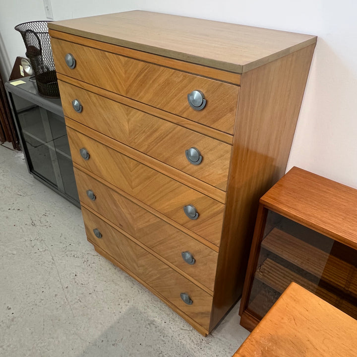 1950s United Furniture Corp. Blond 5-Drawer Tallboy Dresser
