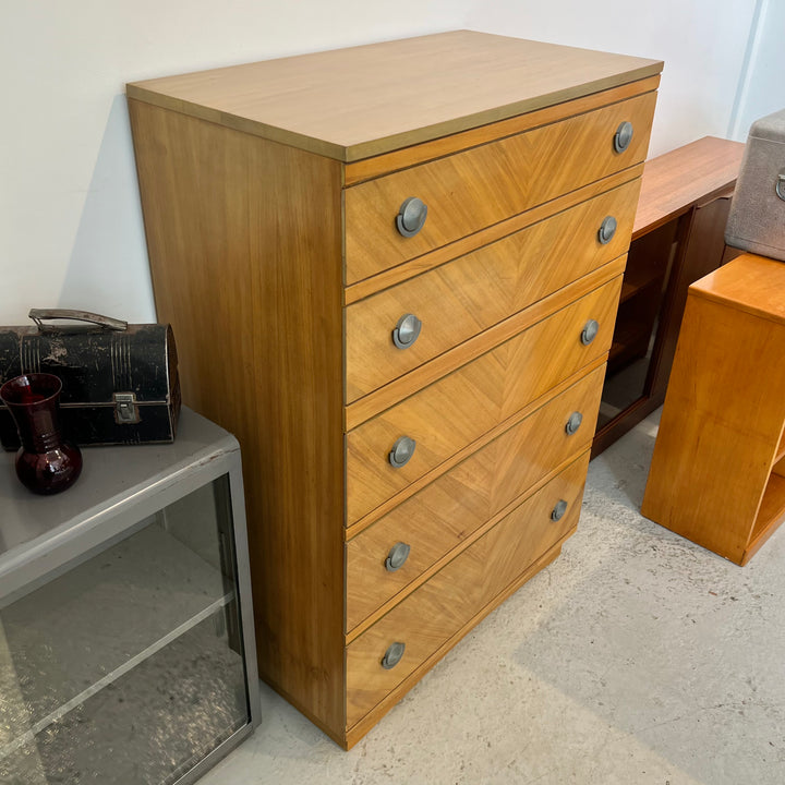 1950s United Furniture Corp. Blond 5-Drawer Tallboy Dresser