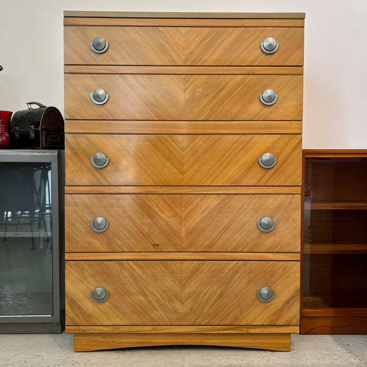 1950s United Furniture Corp. Blond 5-Drawer Tallboy Dresser