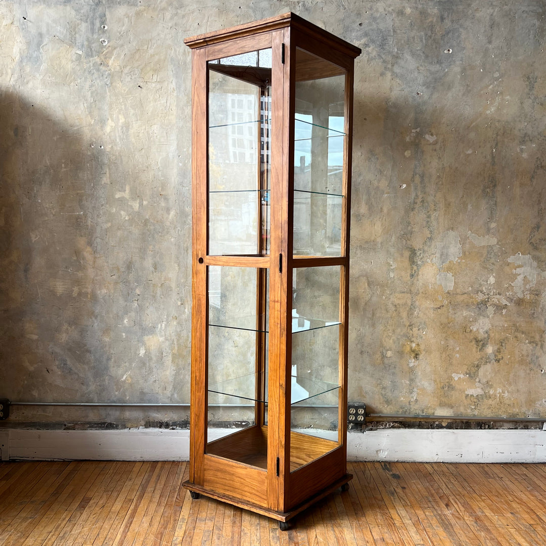 Antique Columnar Oak and Glass Display Case